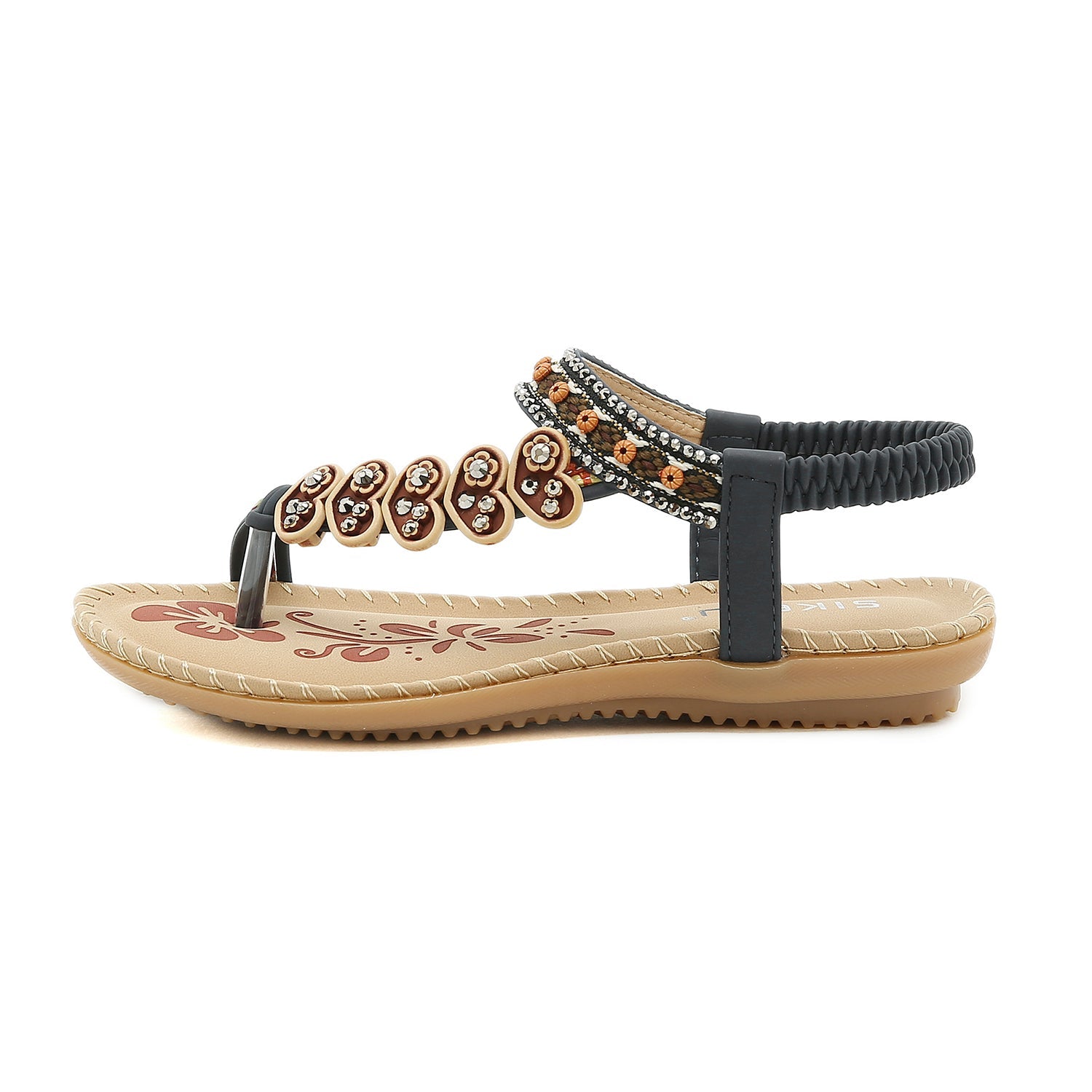 Black Heart Trimed Boho Slide Flat Sandals - SIKETU