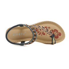 Black Heart Trimed Boho Slide Flat Sandals - SIKETU