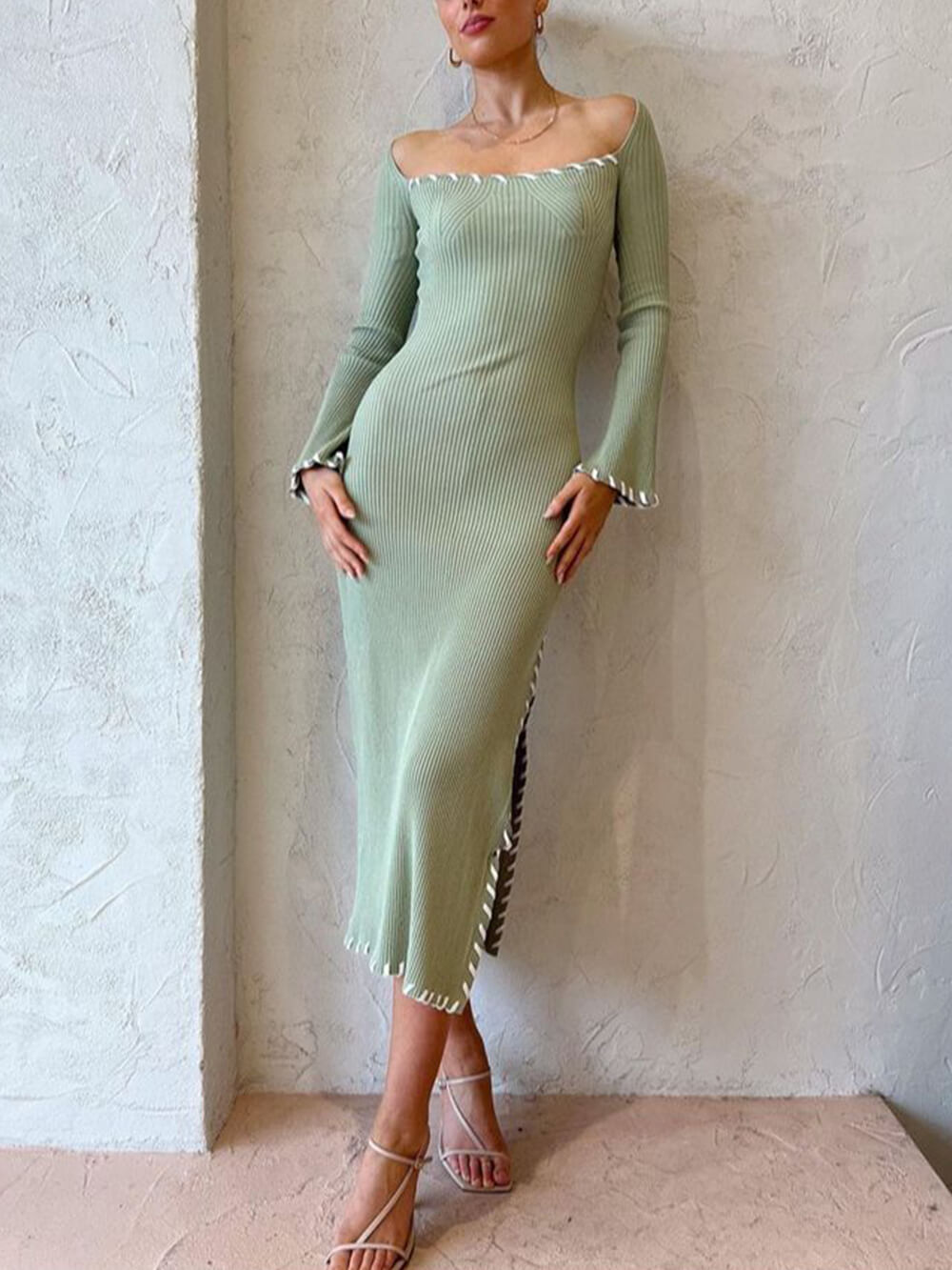 Sage Elegance - Ribbed Midi Dress