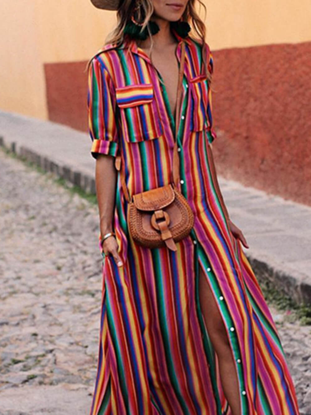 Santorini Sun - Vibrant Striped Shirt Dress