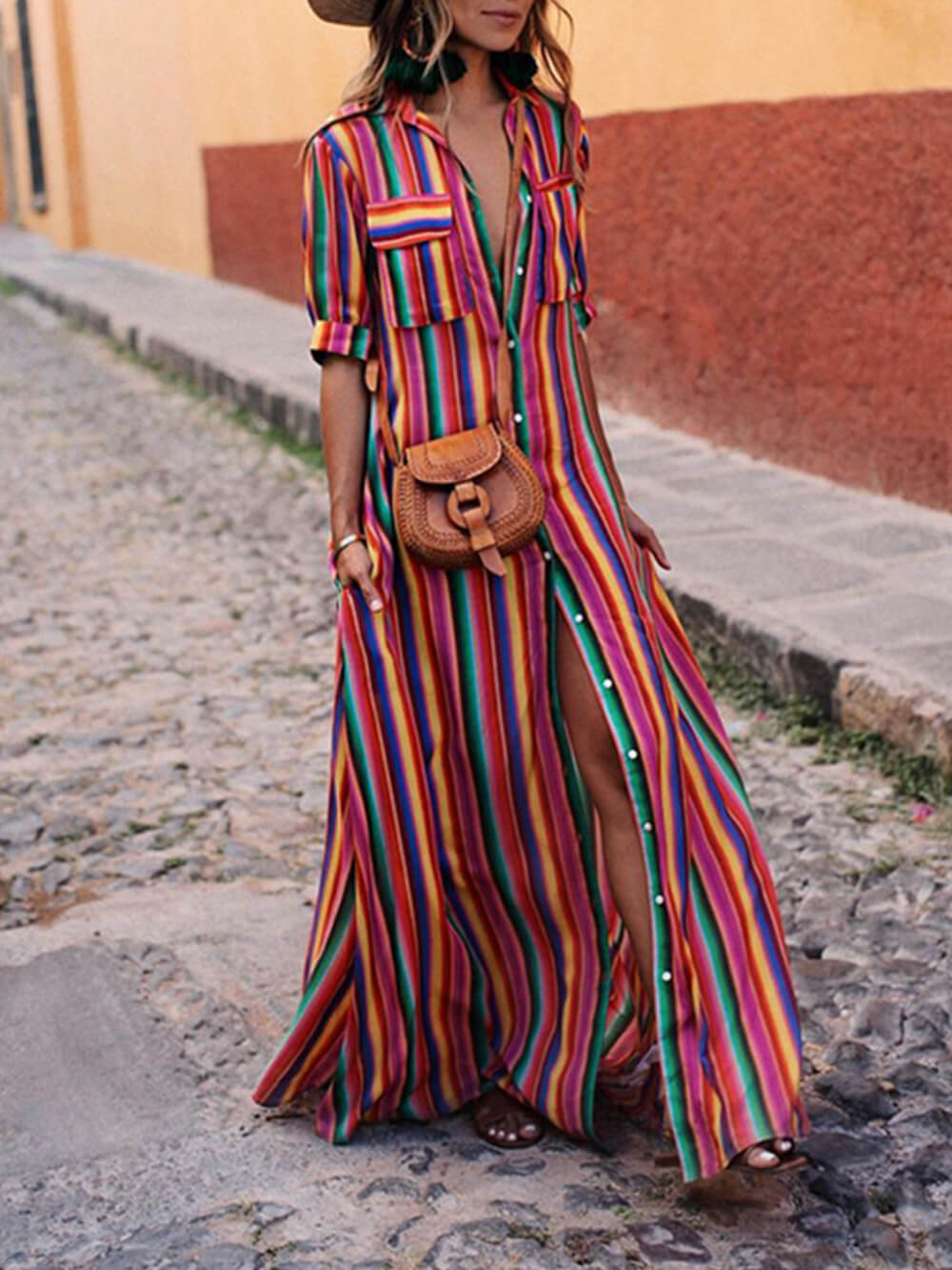 Santorini Sun - Vibrant Striped Shirt Dress