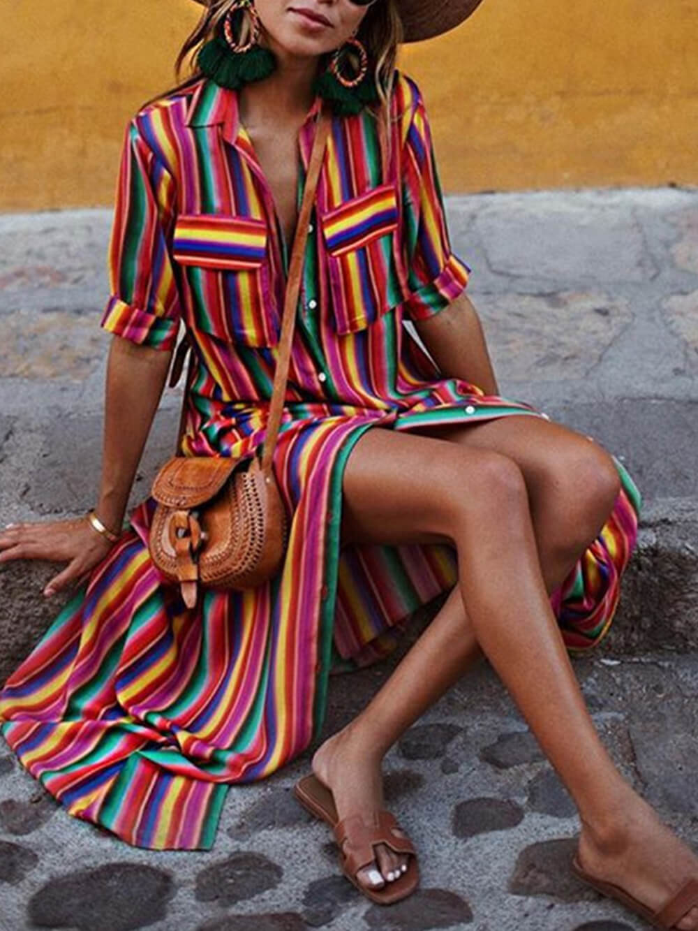 Santorini Sun - Vibrant Striped Shirt Dress