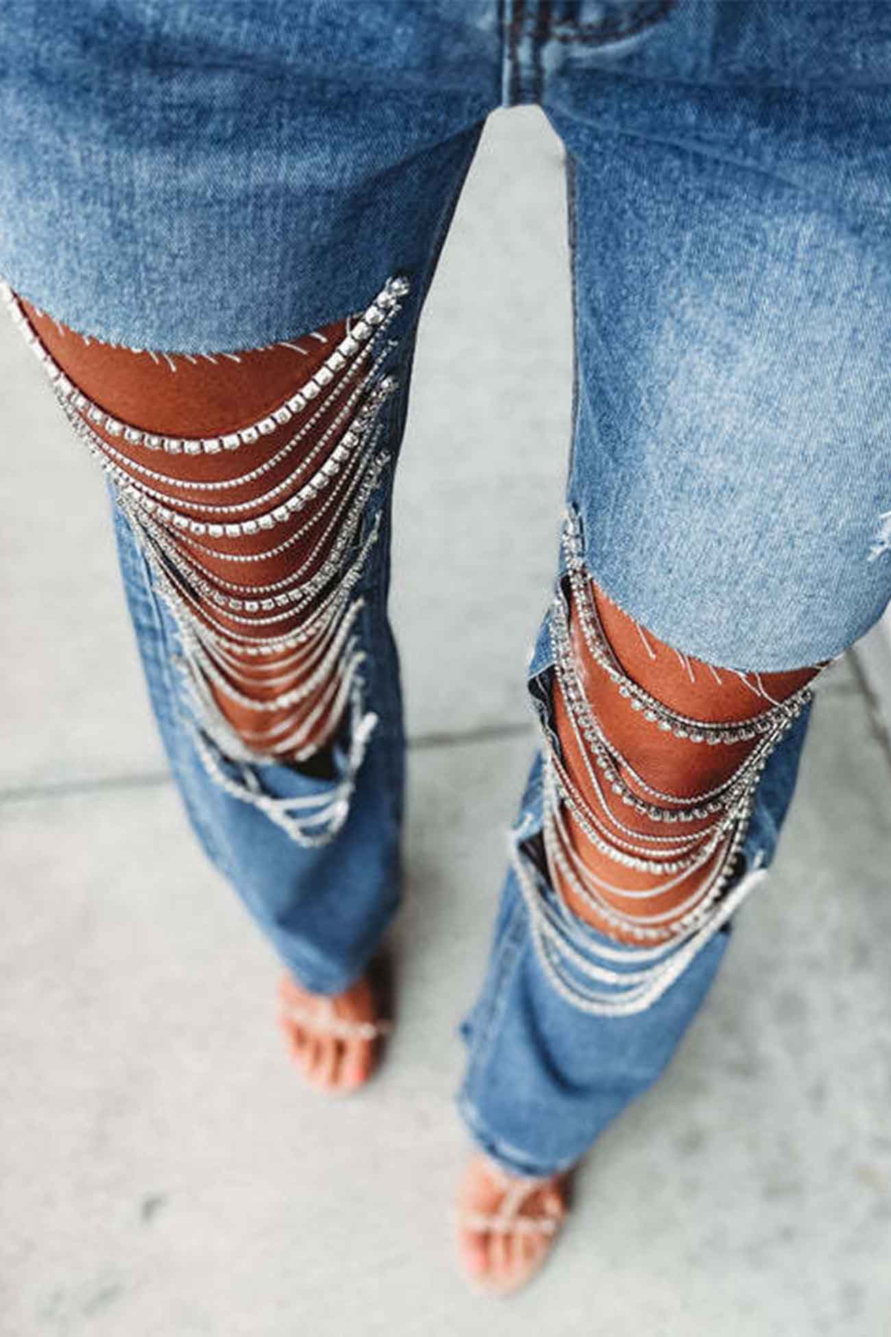 Rhinestone Chain Ripped Jeans