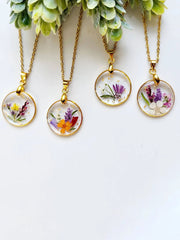 Handmade Birth Flower Bouquet Pressed Resin Pendant Necklaces