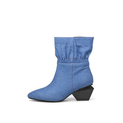 JADY ROSE | BLOCK HEEL RUFFLE ANKLE DENIM BOOTS