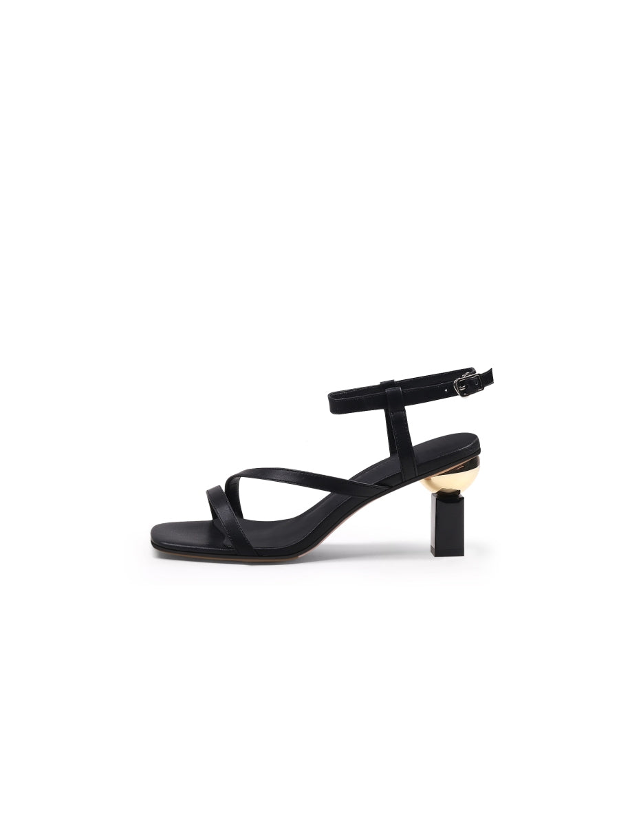 JadyRose | Block Heel Leather Black Ankle Strap Sandal