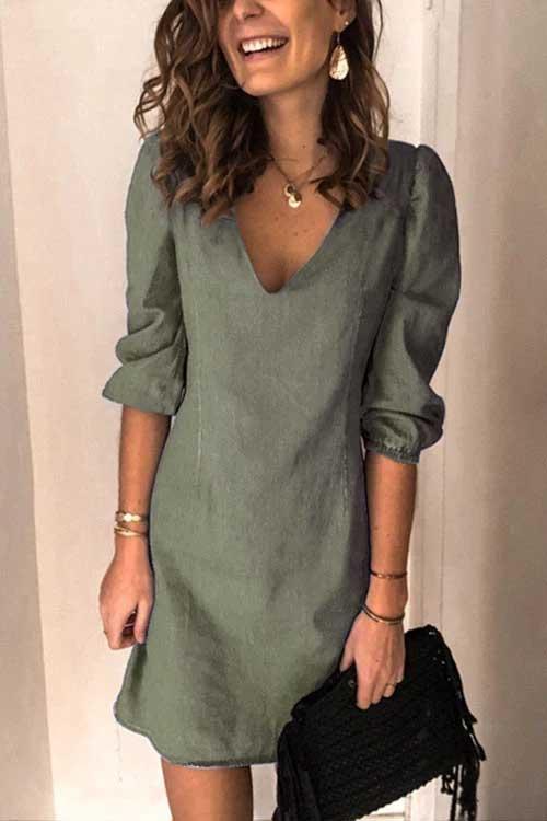 Chicindress Casual V Neck Elastic Cuff Sleeve Mini Dress(4 Colors)