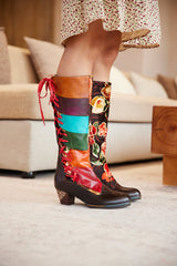 Soffia | Delora Floral Contrast Stripe Wide Calf Leather Knee High Boots