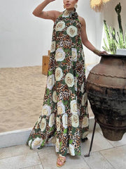 Unique Leopard Print Slit A-Line Maxi Dress