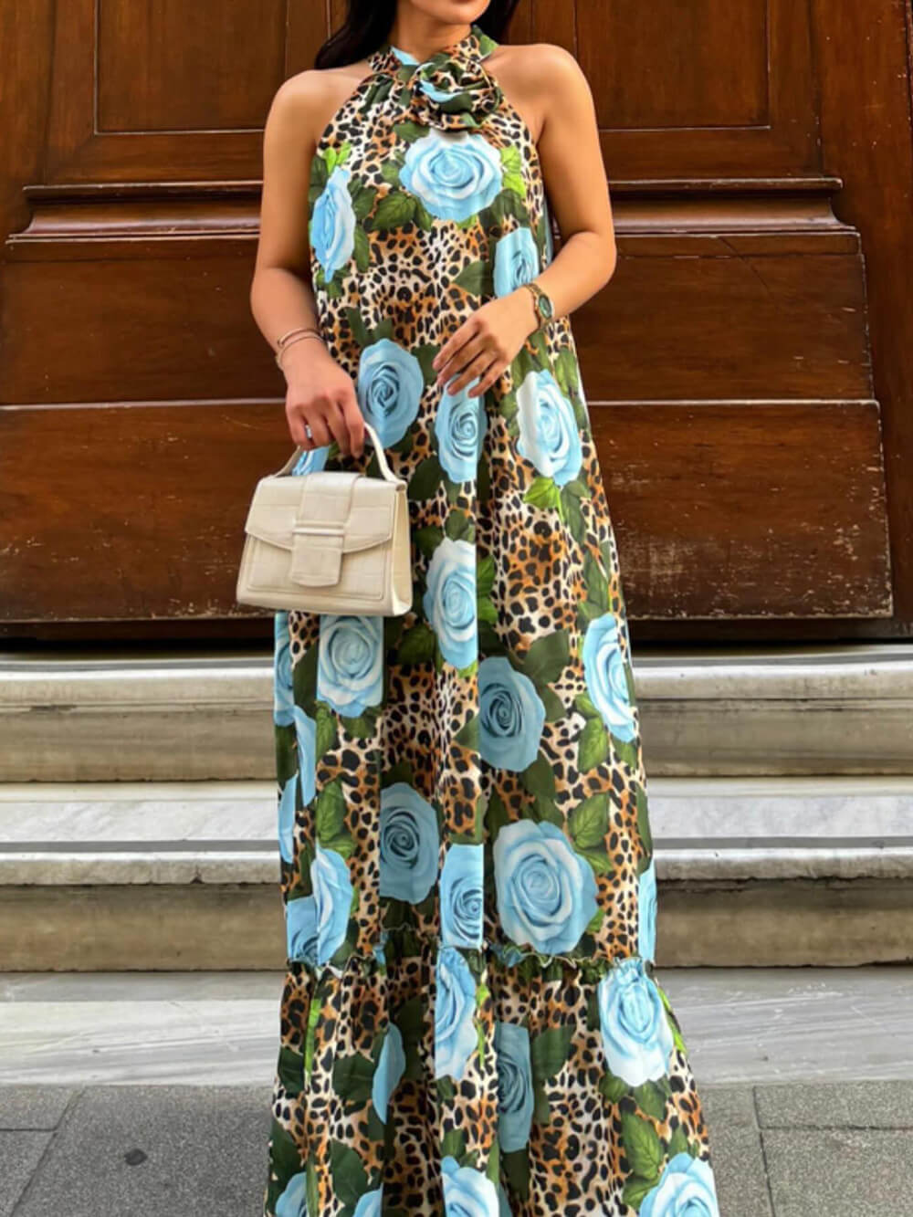 Unique Leopard Print Slit A-Line Maxi Dress