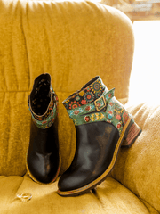 SOFFIA | ABSTRACT FLORAL STRAP LEATHER ANKLE BOOT