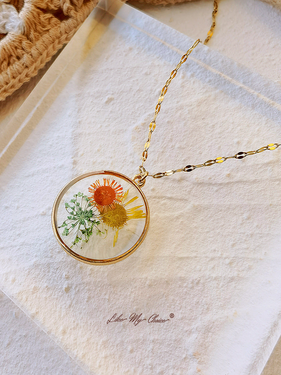 Pressed Flower Necklace - Resin Sunflower Daisy