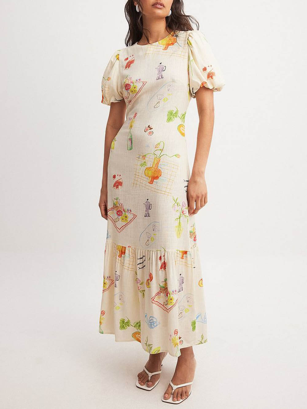 Unique Print Puff Sleeve Elastic Waist Backless Midi Dress