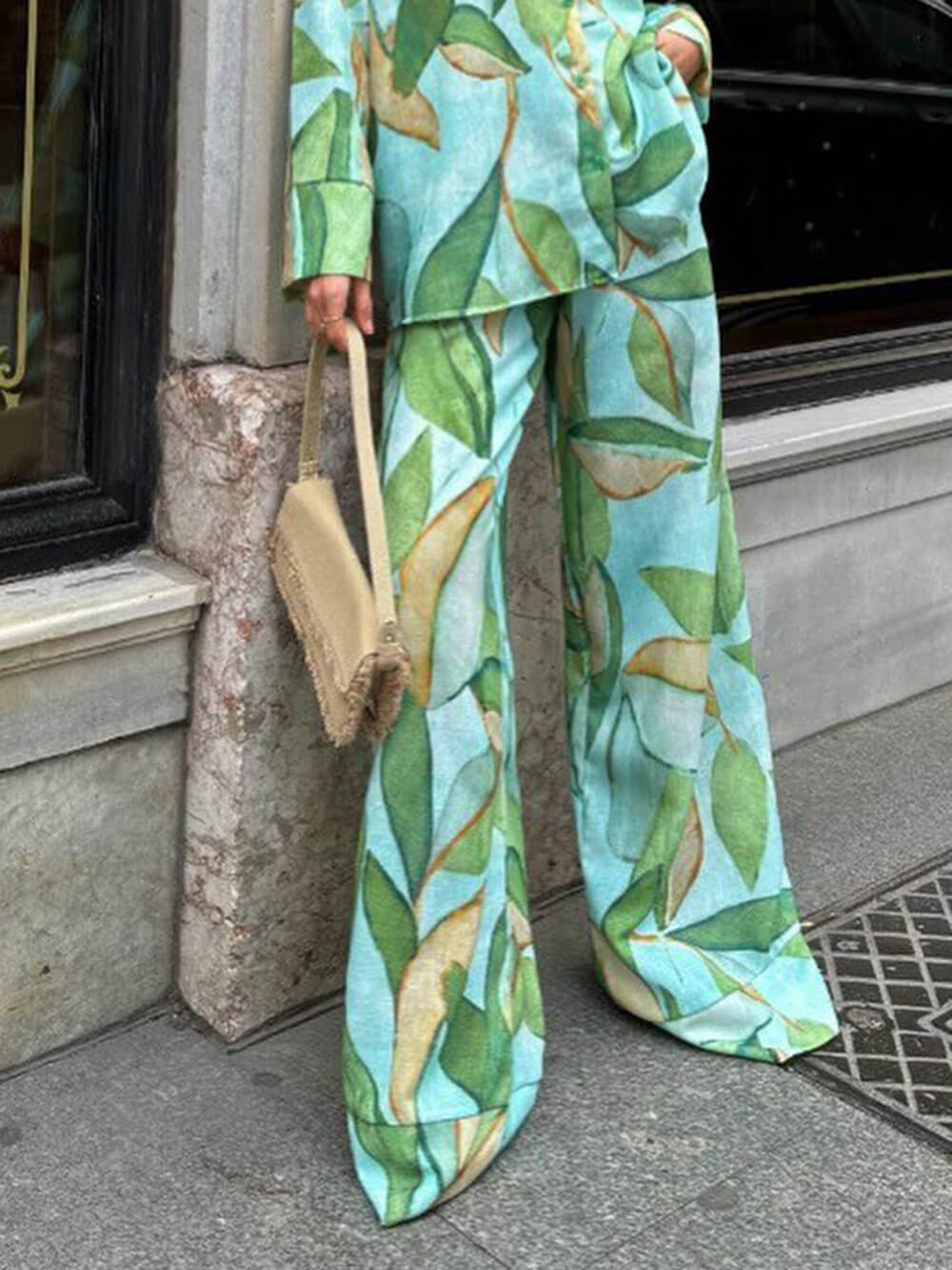 Exquisite Unique Palm Leaf Print Elastic Pocket Wide-Leg Pants