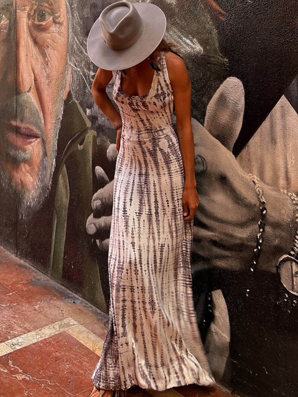 Sundown Serenity - Tie-Dye Lace-Up Maxi Dress