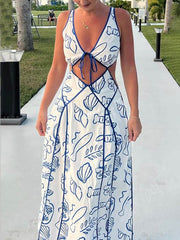 Unique Print Cutout Tie-Up Backless Maxi Dress