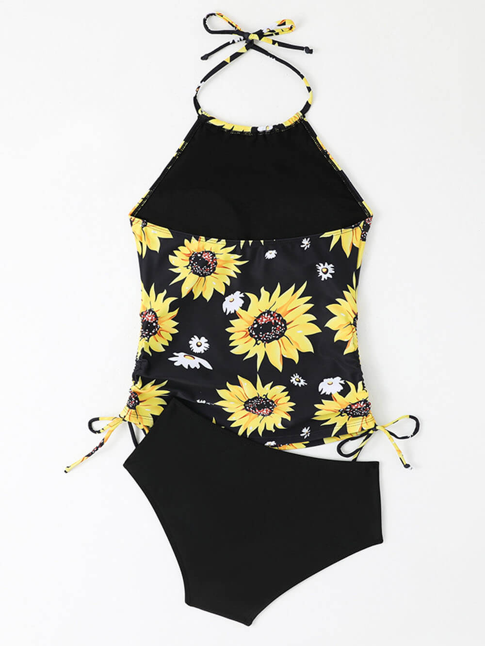 Sunflower Print Halter Neck Drawstring Tankini Set