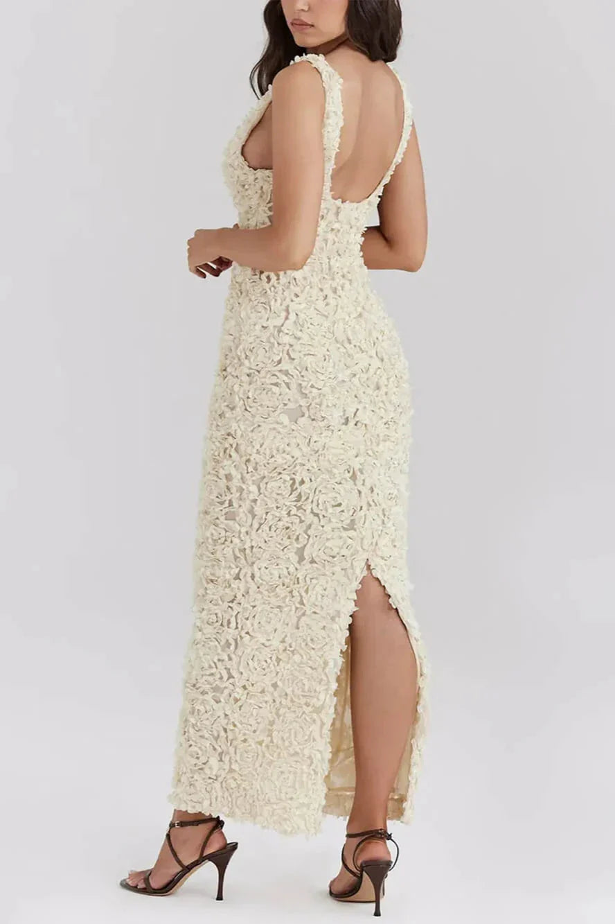 Ivory Petals - Textured Plunge Maxi Dress