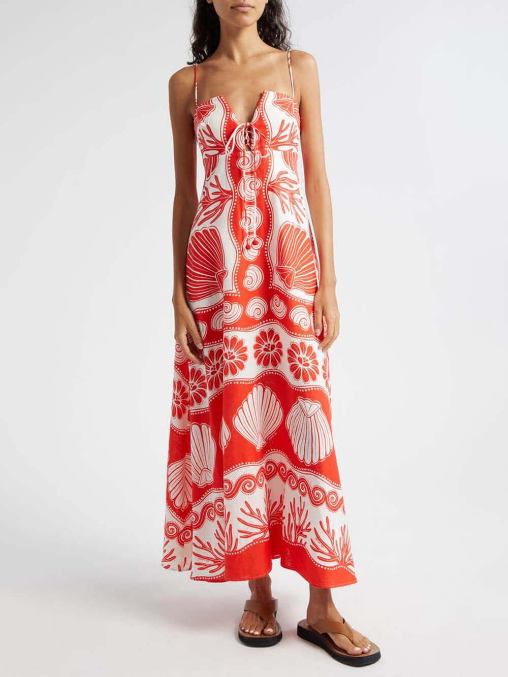 Shell Unique Print Front Lace-Up Loose Maxi Dress