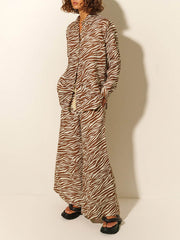 Button Open Collar Loose Zebra Print Drawstring Wide Leg Pants