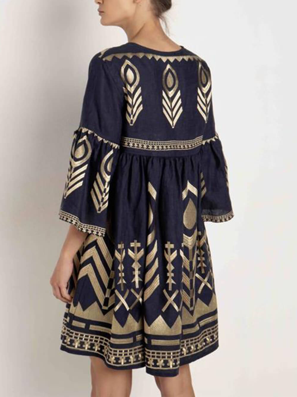 Unique Gold Printed V-neck Bell Sleeve Mini Dress