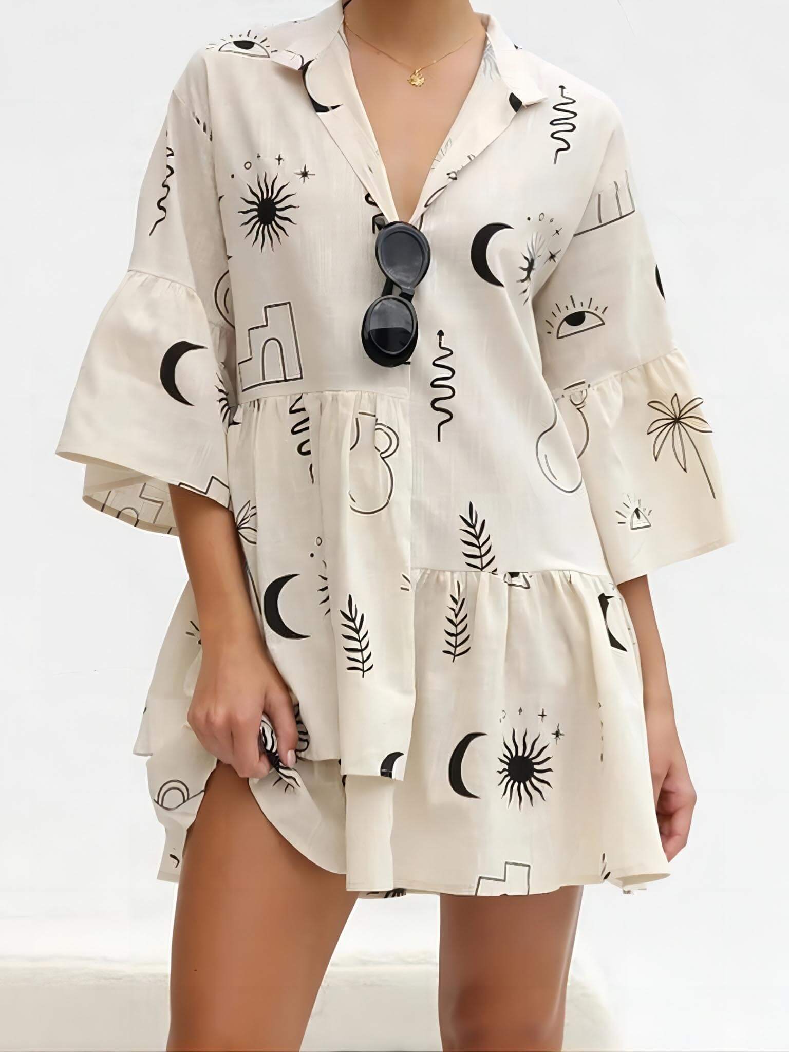 Sunny Siesta - Ethnic Style Loose Shirt Short Dress