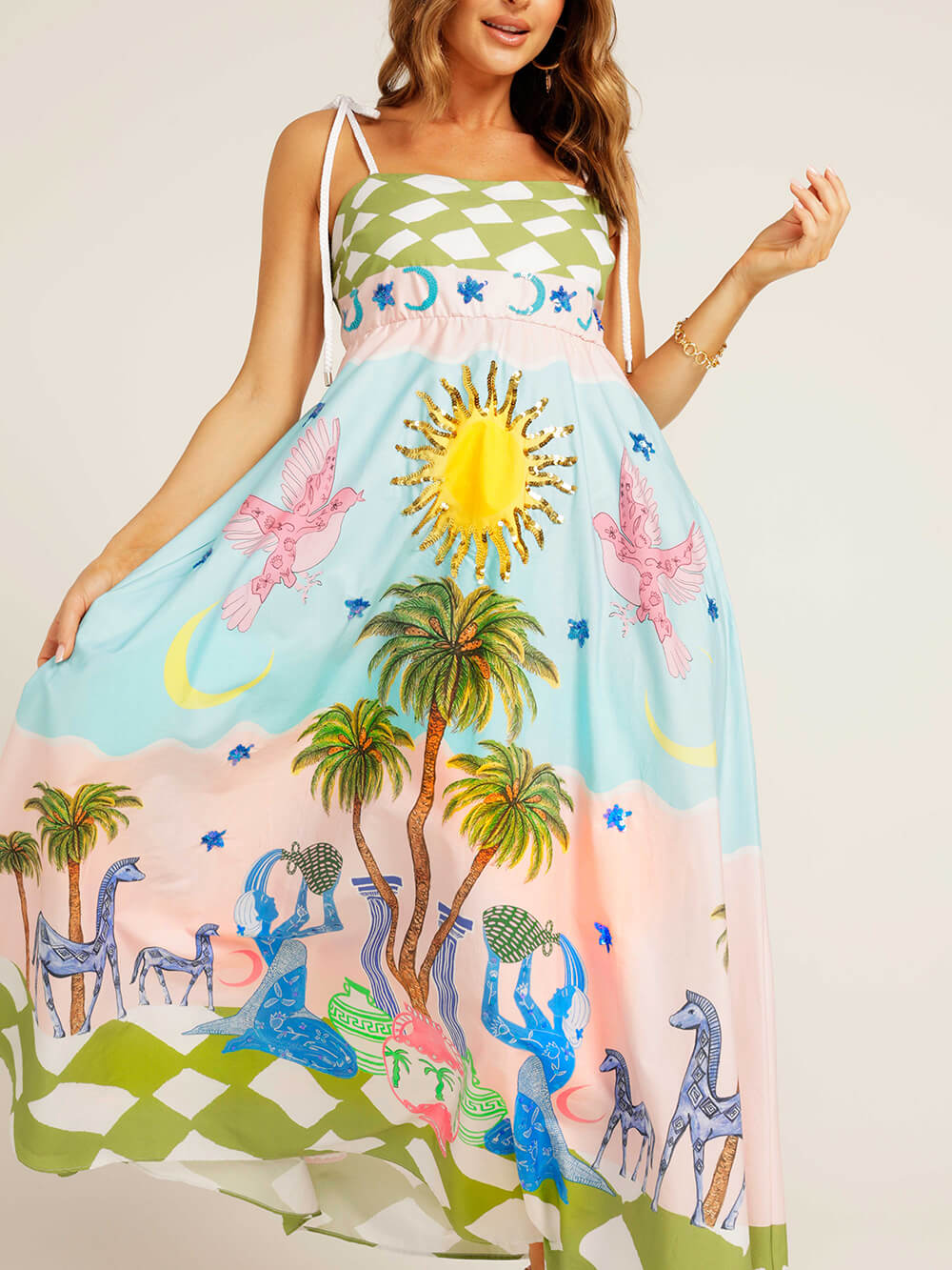 Elegant Goddess Hand-Painted Printed Maxi Dress