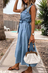 Chicindress Sleeveless Lace-Up Single-Breasted Denim Midi Dress