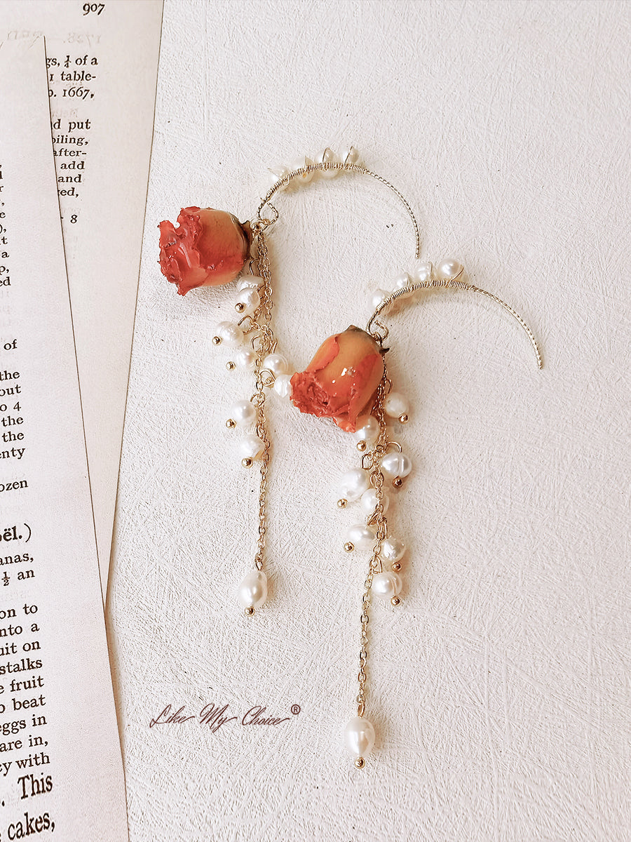 Pressed Flower Earrings - Pearl Dried Rose Flower