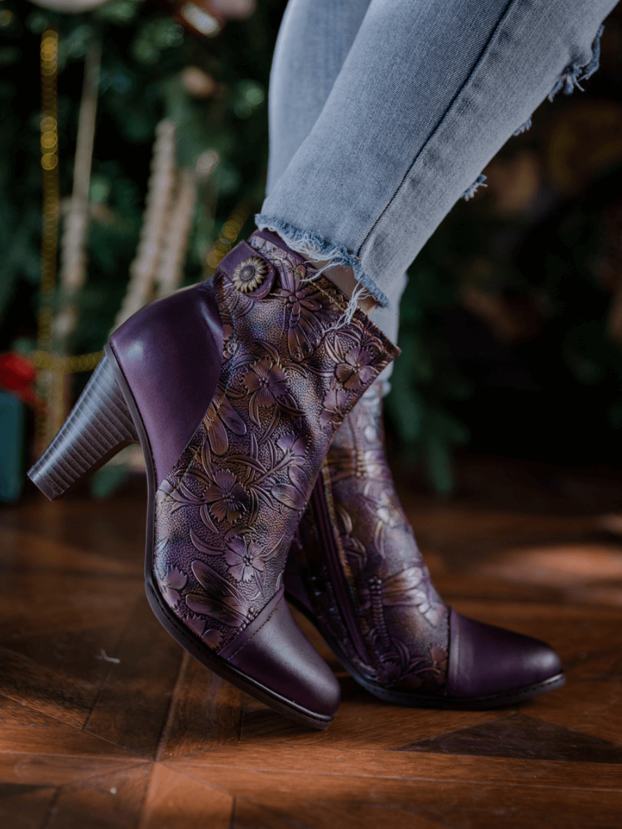 SOFFIA | FLORAL EMBOSSED METALLIC LEATHER ANKLE BOOT - PURPLE