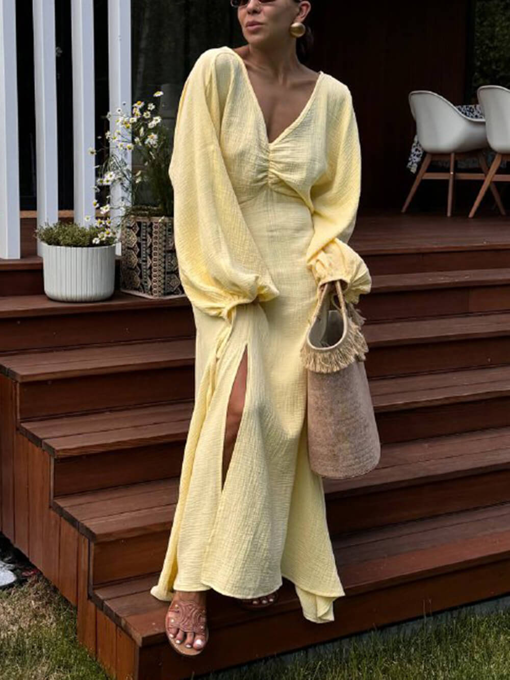 Sunset Pleated Slit Lantern Sleeve Maxi Dress