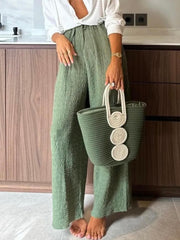 Summer Tropical Style Unique Pleated Elastic Waist Pocket Straight Leg Pants