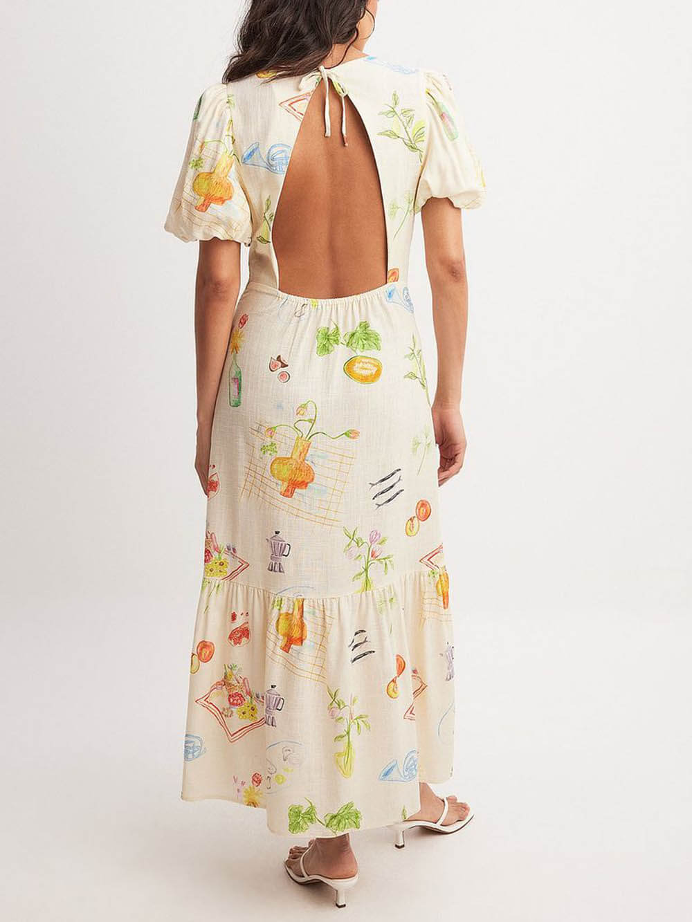 Unique Print Puff Sleeve Elastic Waist Backless Midi Dress