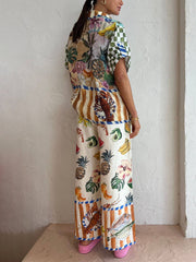 Tropical Fruit Print Shirt Elastic Waist Pocket Wide Leg Pants Suit