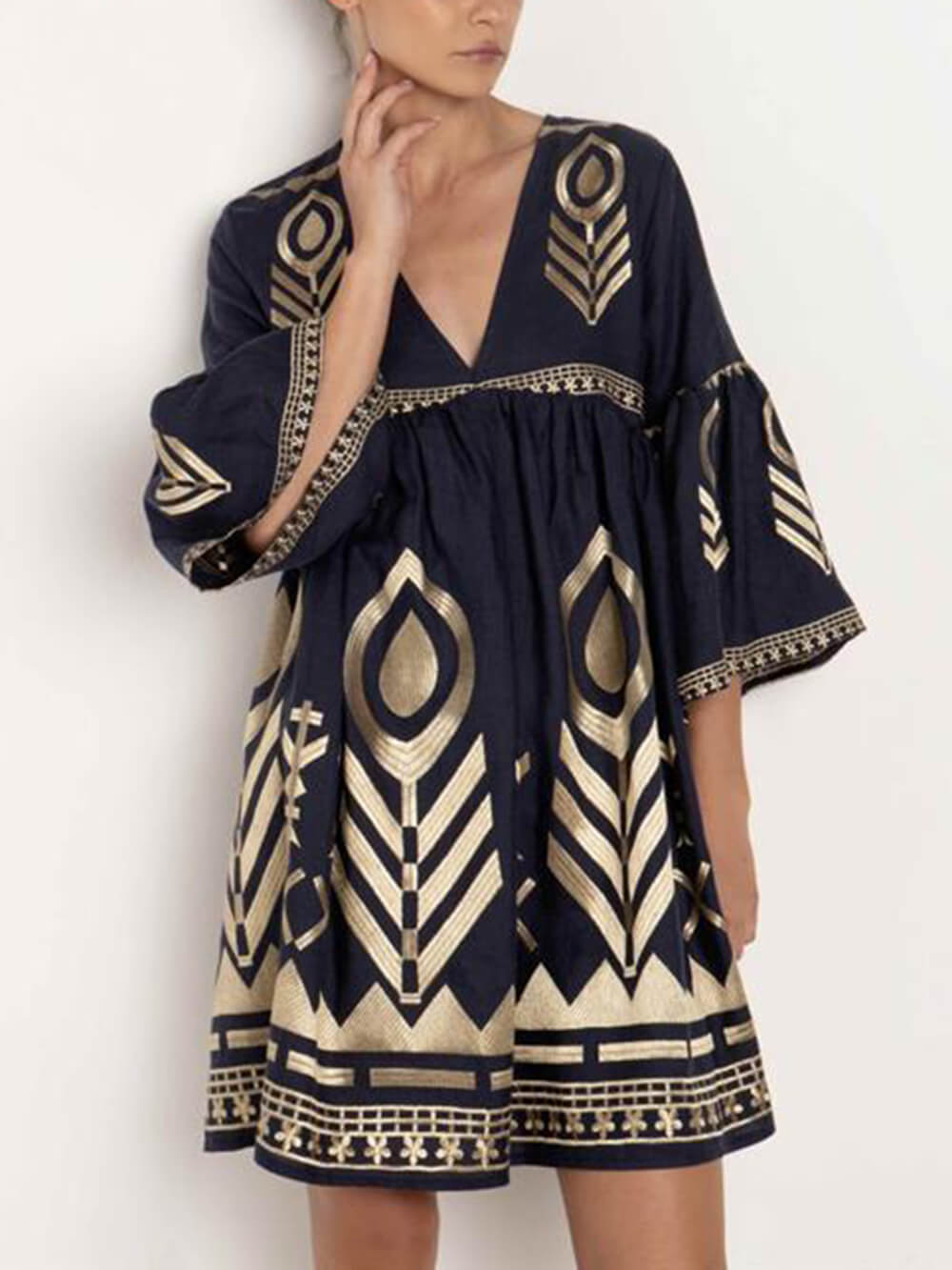 Unique Gold Printed V-neck Bell Sleeve Mini Dress