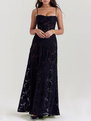 Midnight Bloom - Floral Lace Back Maxi Dress