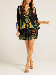 Unique Drop Shoulder Sleeve Coconut Tree Printed Dress