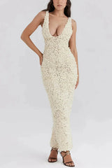 Ivory Petals - Textured Plunge Maxi Dress