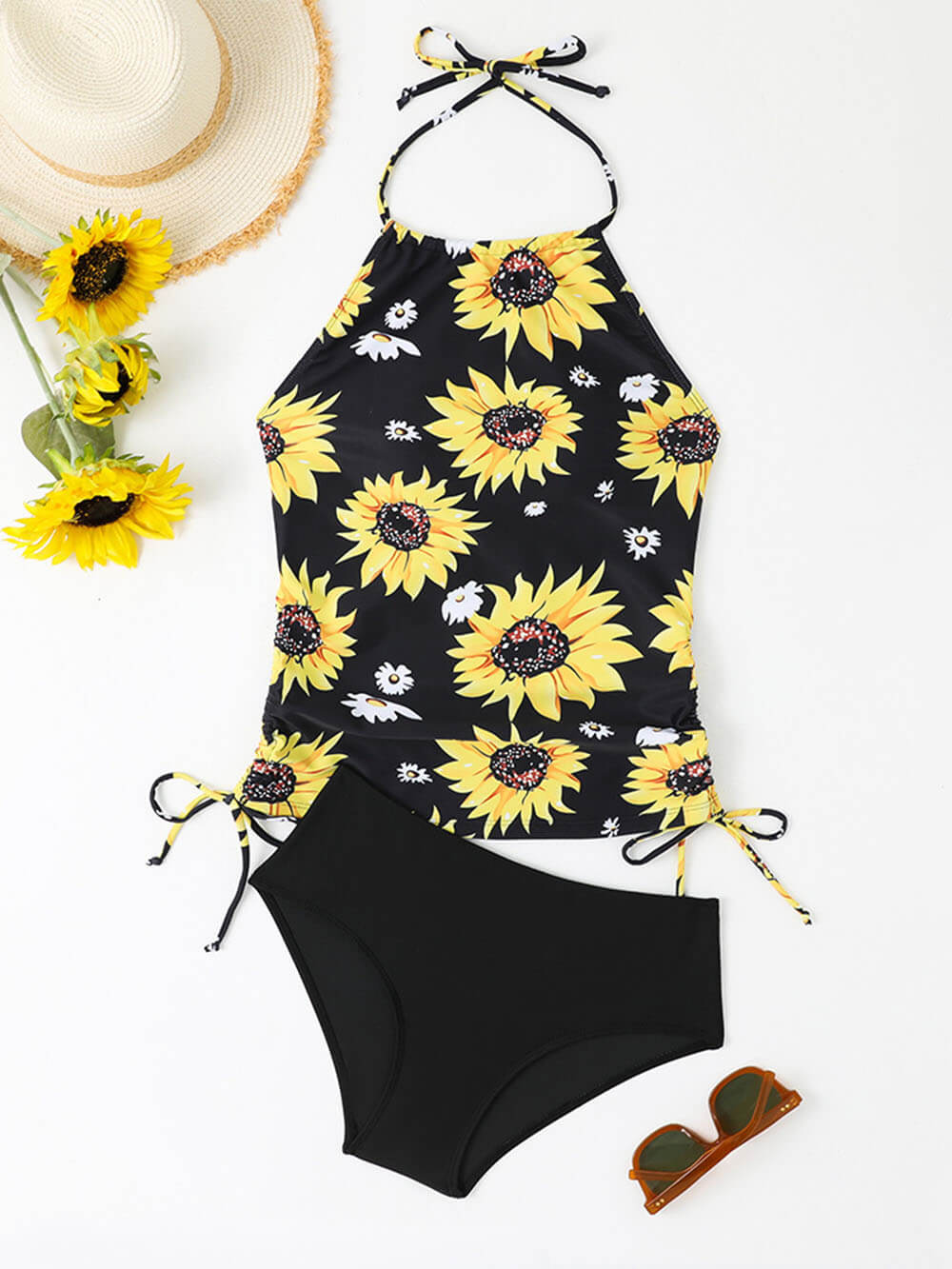 Sunflower Print Halter Neck Drawstring Tankini Set