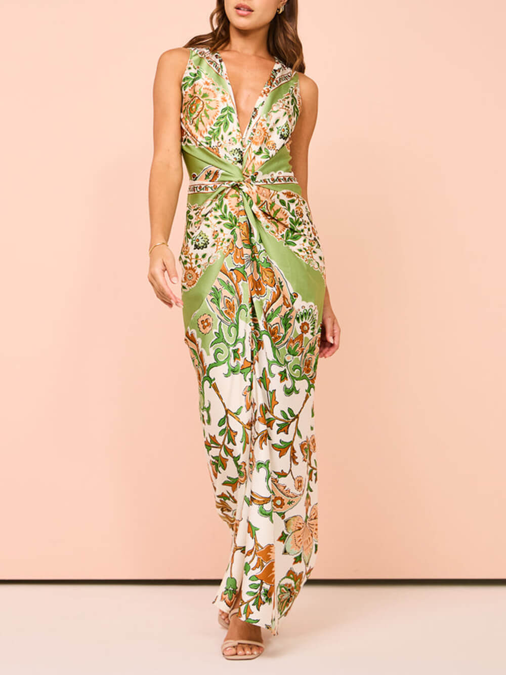 Unique Paisley Print Central Twist Knot Detail Slit Maxi Dress