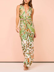 Unique Paisley Print Central Twist Knot Detail Slit Maxi Dress