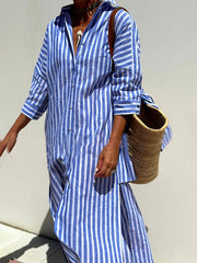 Splendor Stripes Printed Button Half Sleeve Belt Shirt Midi Dress