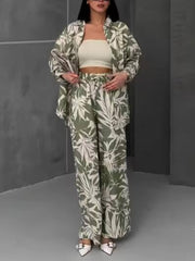 Palm Leaf Printed Elastic Waist Wide Leg Pants