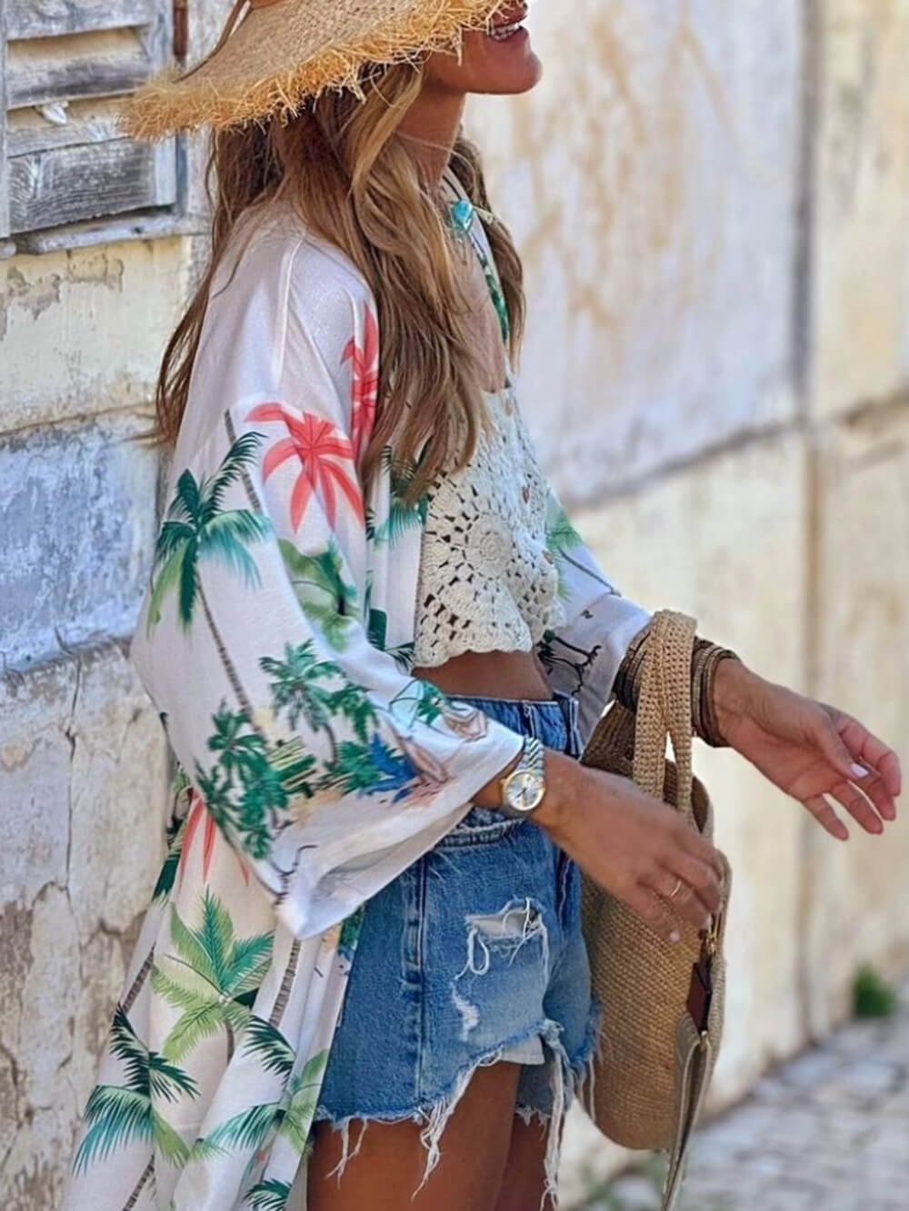 Vacation Style Botanical Print Tie-Waist Long Cover-Up Dress