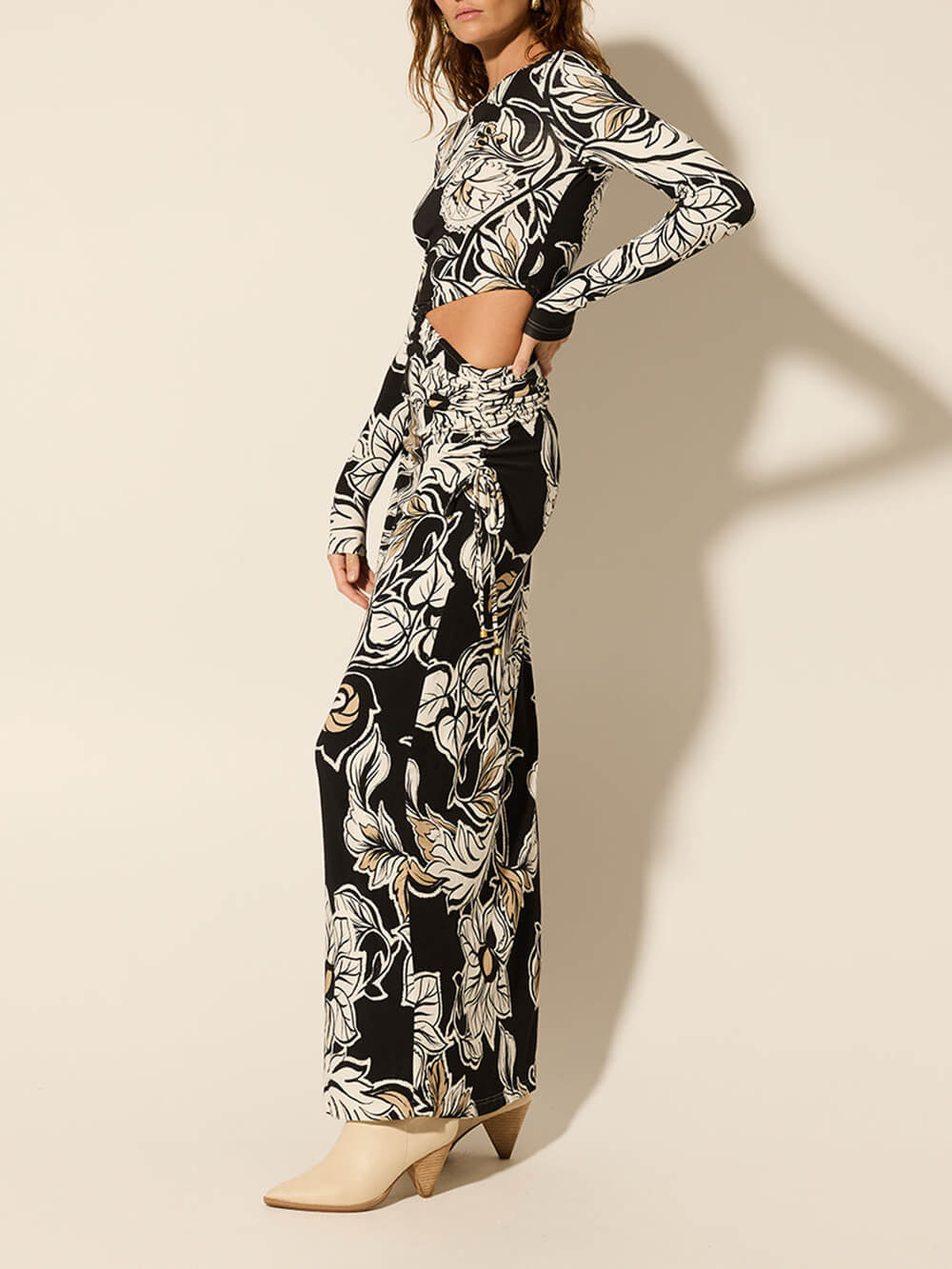 Floral Print Unique Waist Hollow Out Maxi Dress