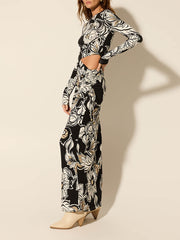 Floral Print Unique Waist Hollow Out Maxi Dress