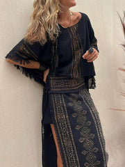 Ethnic Print Tassel Trim Wide Sleeve Loose Top