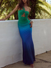 Marine Ombre Asymmetric Neck Evening Gown Maxi Dress