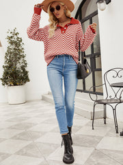 Benji Zig Zag Striped Batwing Sleeve Sweater - Red