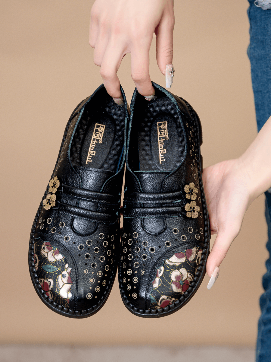 RUMOUR HAS IT | PERFORATED UPPER FLORAL EMBOSSED LEATHER LOAFER  - BLACK